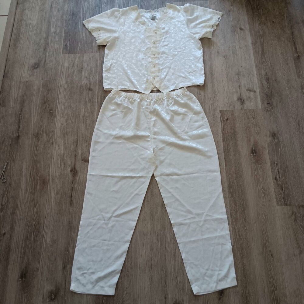 VTG Mervyns Pajama Set Floral Ivory Lace Satin Women XL Cottage Fairy Sleepwear